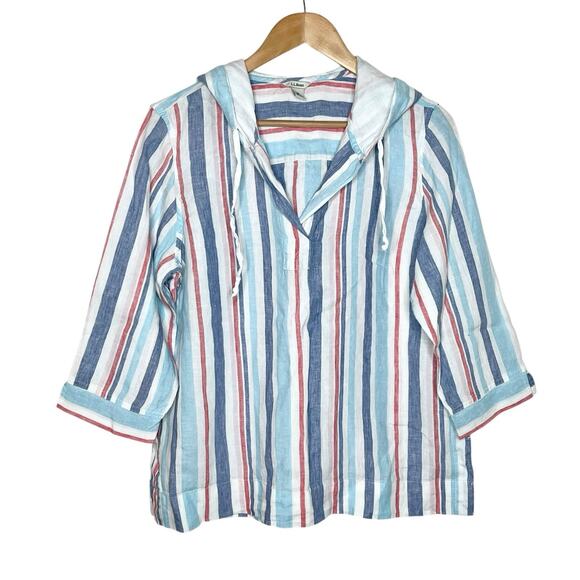 LL Bean Linen Striped Hoodie Top Womens M Coastal Nautical Beach Resort Vacation - Picture 1 of 5